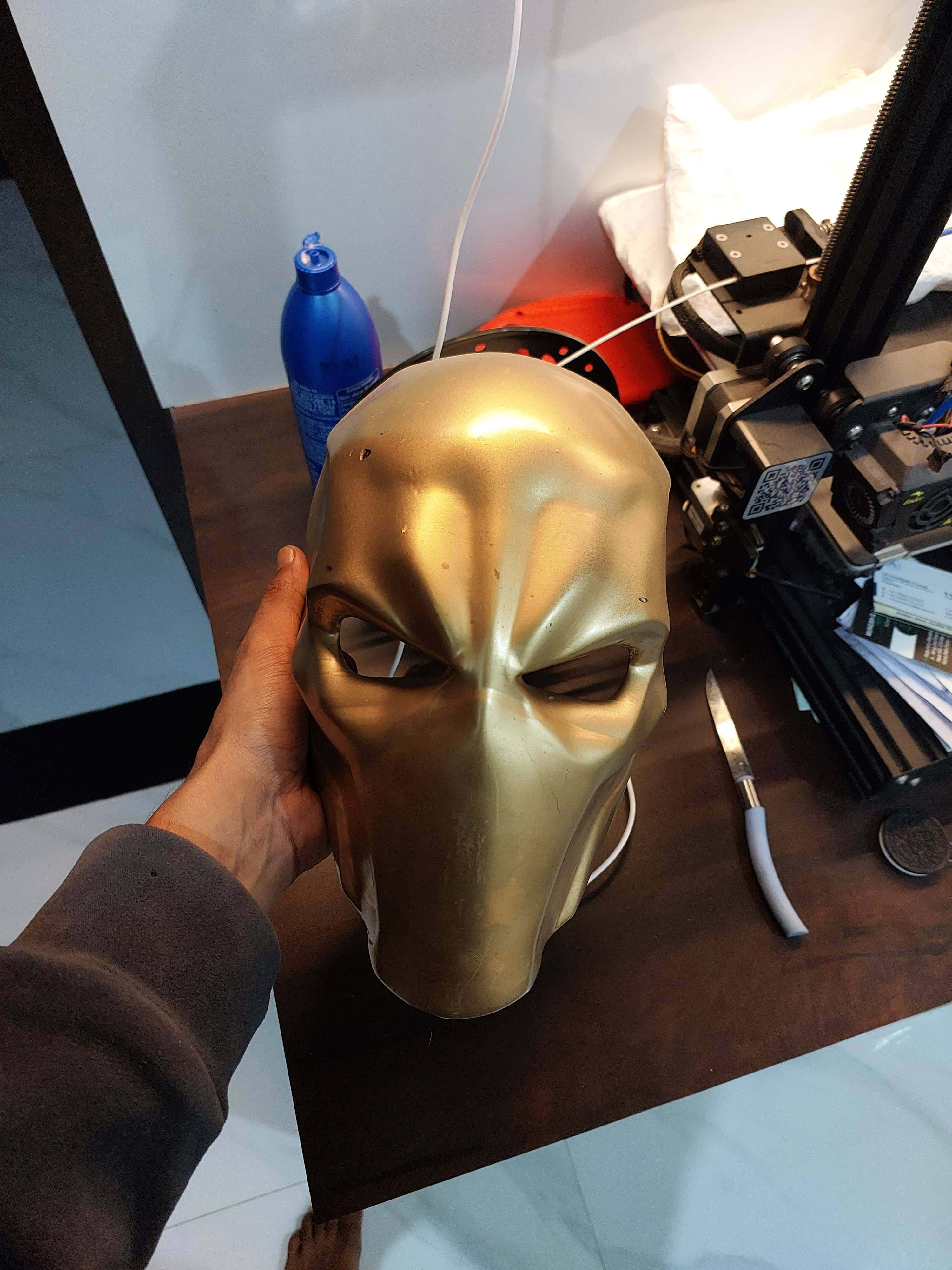 Iron Man mask — sanded and primed, ready for its final paint job